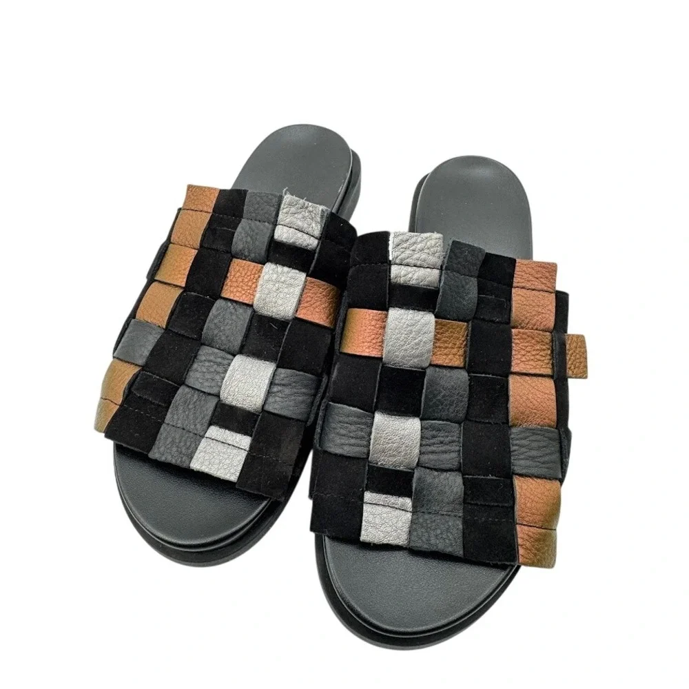 Arche Makkho Woven Leather Slide Sandals Black Bronze Silver Metallic Flat EU 37